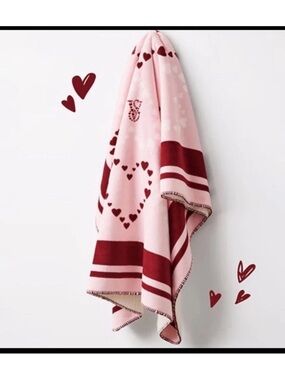 Victoria's Secret Pink Plush Heart Blanket with Burgundy Accents